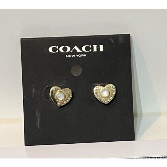 Coach Pearl Heart Padlock Stud Earrings Gold Tone 4258 - Picture 1 of 6